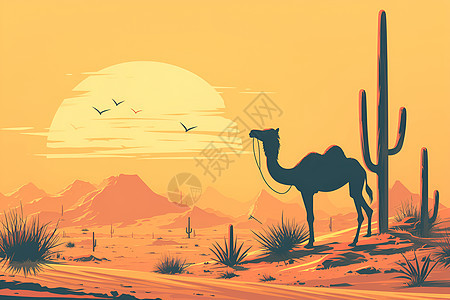 巨大仙人掌旁的骆驼图片