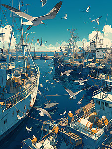 港口的船只和海鸥图片