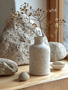 花岗岩上的花朵与陶瓷瓶图片
