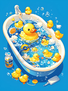 玩具鸭漂浮在浴缸里图片