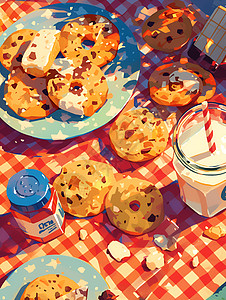 野餐垫上的饼干和牛奶图片