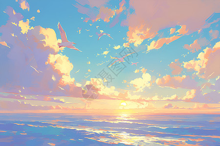 日落下的大海和海鸥背景图片