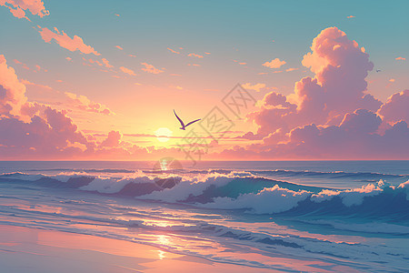 日落时的海洋和海鸥背景图片