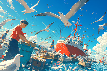 港口的渔船和海鸥图片