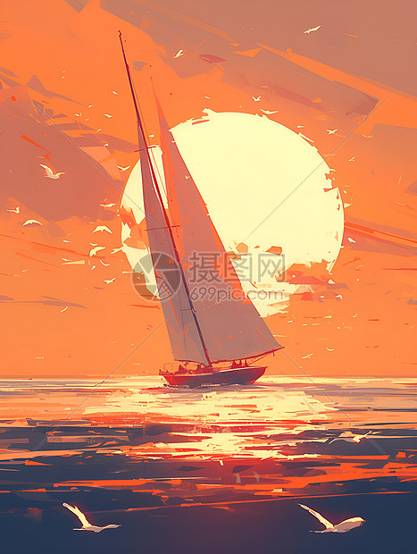 夕阳下的海洋船只插画图片