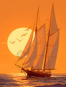 夕阳下的海面帆船图片