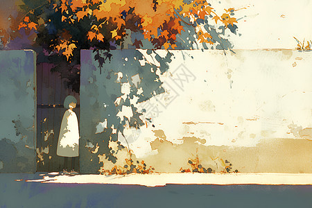 秋日树影下的女孩图片