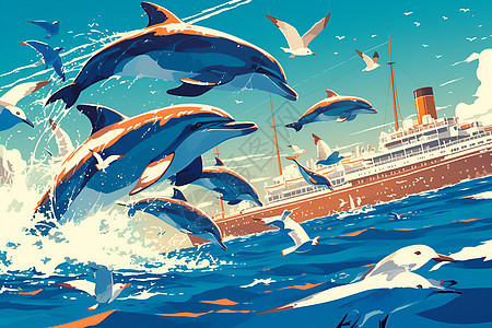 快乐海豚在船只旁跳跃图片
