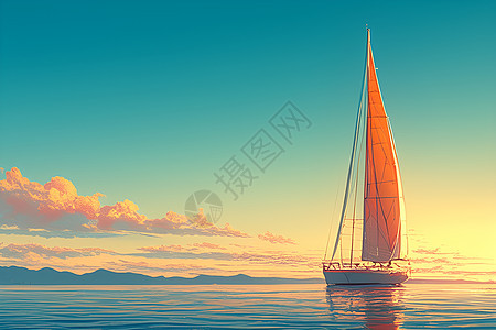 夕阳下航行的帆船图片