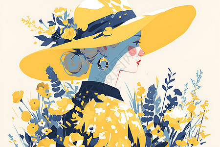 花丛里的黄帽女人图片