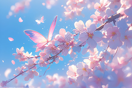 樱花间的粉色蝴蝶图片