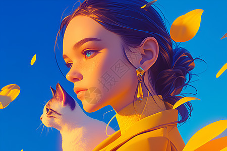 黄衣少女与猫图片
