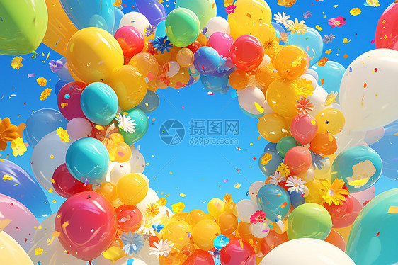 空中的彩虹气球图片