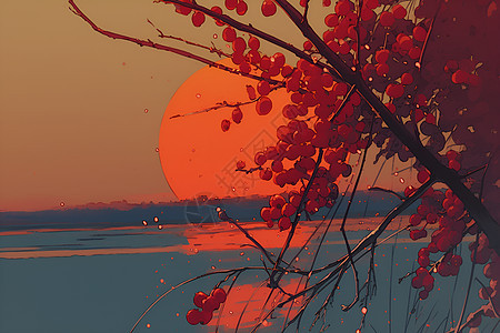 夕阳下的红柿子树枝图片