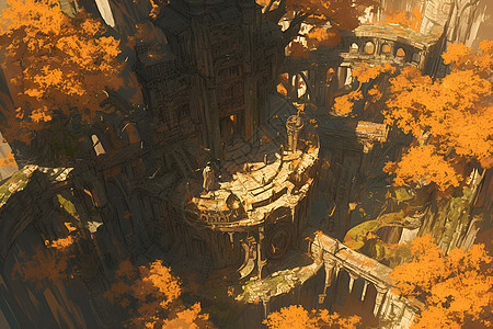 秋日树木围绕的圣殿图片