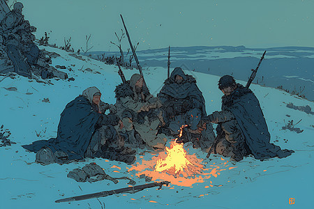 冰雪下士兵围篝火图片