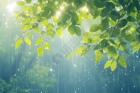 春雨洒在绿叶上图片