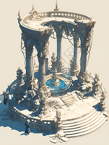 洋房庭院亭台里的喷泉插画