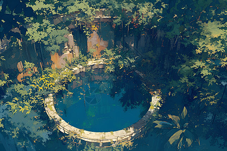 树林里的圆形水池图片