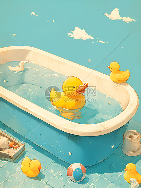 浴缸里悠闲的玩具鸭图片