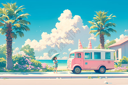 粉红色的冰淇淋车背景图片