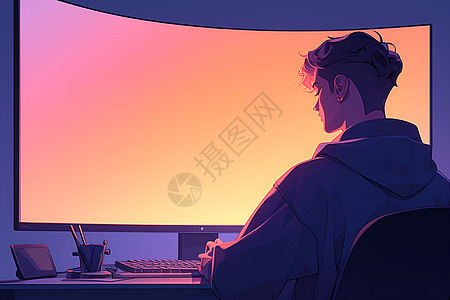 男子坐在电脑桌前工作图片