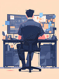 电脑前坐着一个认真工作的男人图片