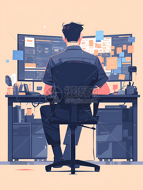 电脑前坐着一个认真工作的男人图片