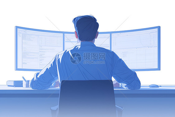 男人坐在电脑前工作图片