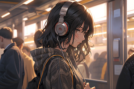 耳机展示戴着耳机的女孩插画