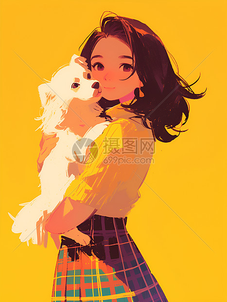 少女和狗狗卡通插画图片