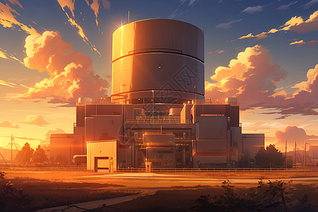 日落时的核能工业建筑图片