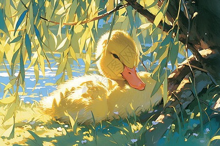 湖边柳树下休憩的小鸭子图片