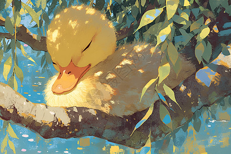 小鸭子倚靠在垂柳树下图片