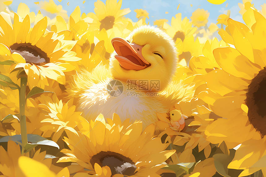 太阳花田中可爱的小鸭子图片