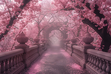 樱花桥下的粉色迷雾图片