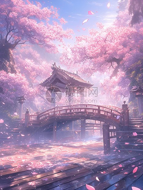 桥上樱花雾中仙境图片