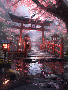 樱花迷蒙桥上的仙境图片