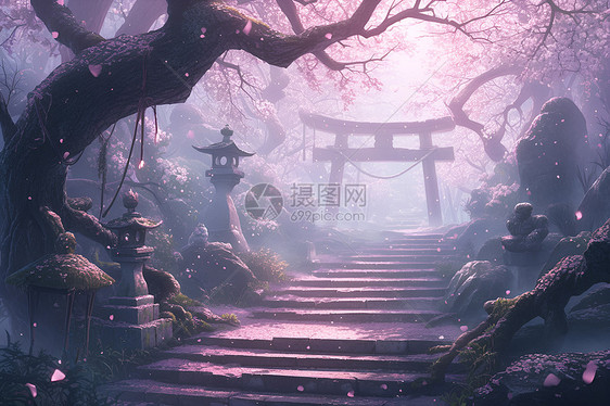 樱花迷雾下的风景图片