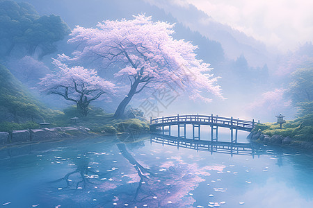 朦胧桥上樱花绽放图片