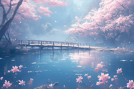樱花迷雾中的桥景图片