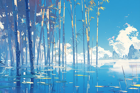 竹柱在湛蓝的海面上图片