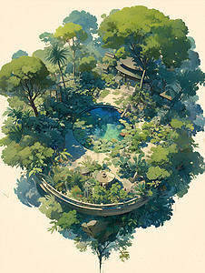 翠竹庭园插画图片
