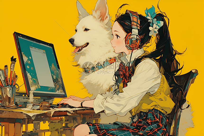 少女与狗在电脑前图片