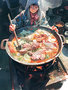 锅食材女子煮着一锅火锅插画