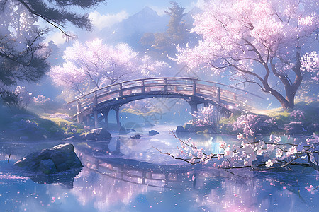 迷幻的木桥和樱花图片