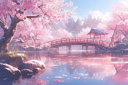 梦幻的木桥和樱花图片