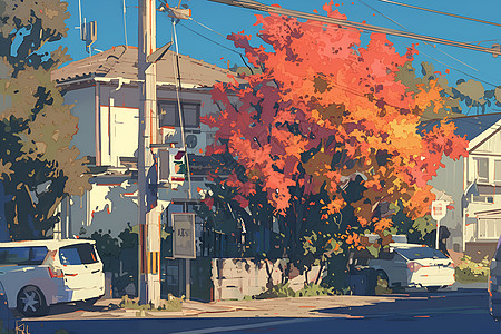 秋日街景插画图片