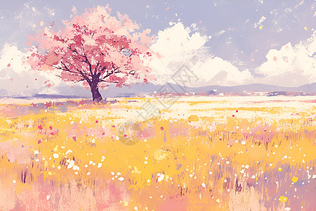 唯美粉色樱花粉色花朵点缀春天插画