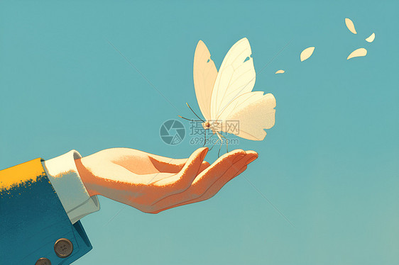 手和蝴蝶的插画图片
